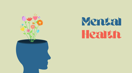 head with flower,mental health concept.cartoon vector illustrations.