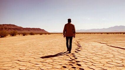 Fototapeta na wymiar Loneliness in the Sand: Man Walking Away in the Desert