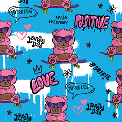 hand drawn pattern with pink toys bears and skateboard . Cool background for girls. For clothes, prints, textiles

