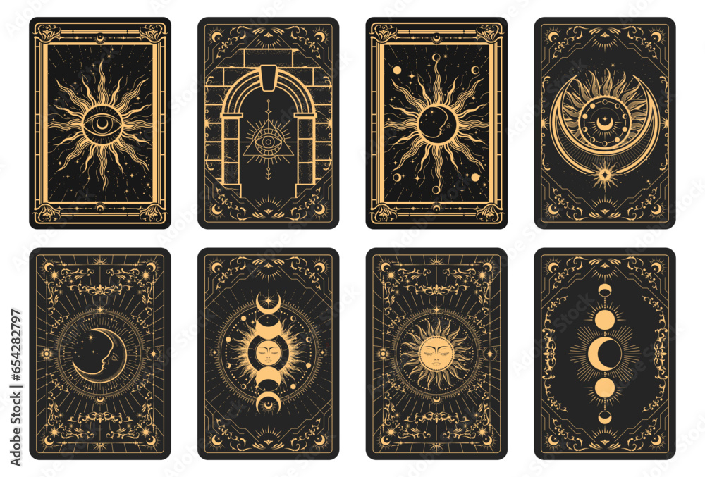 Wall mural tarot cards batch reverse side, magic frame with esoteric patterns and mystic symbols, sun and moon 