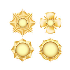 Golden medal and insignia, cogged  star and cross, award medallion, military badge, vector