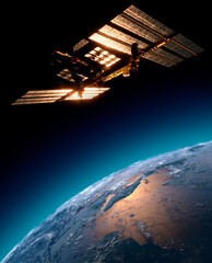 The International Space Station (ISS) is a space station, or a habitable artificial satellite, in low Earth orbit. The station serves as a microgravity and research laboratory, 3d rendering © Naeblys