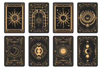Tarot cards batch reverse side, magic frame with esoteric patterns and mystic symbols, sun and moon sorcery, vector - obrazy, fototapety, plakaty