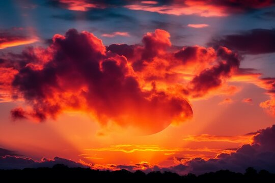 Stunning sunrise with love-shaped clouds on a vibrant sunset. Generative AI