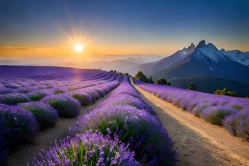 Naklejka premium A field of lavender in full bloom under a clear blue sky