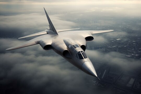 Hazy aerial backdrop - cutting-edge supersonic aircraft of historical significance. (recreated image). Generative AI