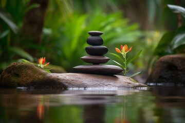 Balanced pyramids of Zen meditation stones surrounded by green leaves and flowers in water, against a tropical forest backdrop. Symbolizing harmony, balance, meditation, spa, massage,. Generative AI