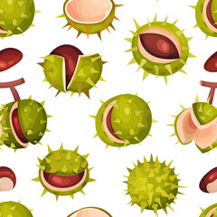 Chestnut Plant Seamless Pattern Design with Brown Fruit in Green Spiky Husk Vector Template