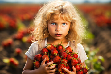 Curious child holding strawberries in a field.