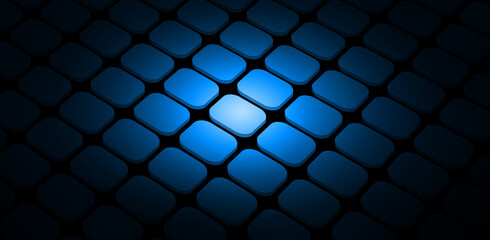 Blue, grid and light on black wallpaper with pattern, texture and digital matrix on cyber connection. Neon lighting, future technology and system information button, tiles or keys on dark background - obrazy, fototapety, plakaty