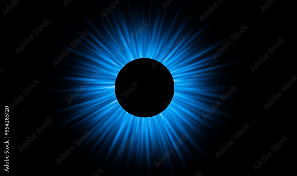 Wall mural Blue, circle and light ray on black background with pattern, texture and digital star on cyber icon. Neon lighting, future technology and sun for virtual logo, sign and space mockup on dark wallpaper