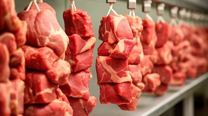 Fresh meat chunks hanging in a row in a large fridge
