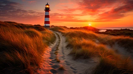 Fotobehang Striped lighthouse on sand dunes in evening sunlight © graja