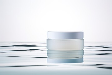 Blank, unbranded cosmetic cream jar standing in water. Skin care product presentation. Skincare, beauty. Jar with copy space, moisturizer.