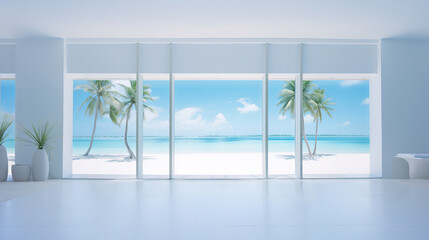 contemporary design, empty apartment with tropical beach with sea background