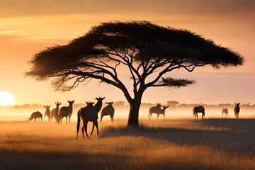 A vast savanna with real wildlife grazing and a sweeping African sunset
