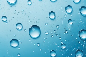 Transparent water drops on blue background. Realistic liquid. Abstract backdrop. Hydration concept.