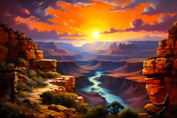 Sunset over the Grand Canyon in Romantic Style - obrazy, fototapety, plakaty