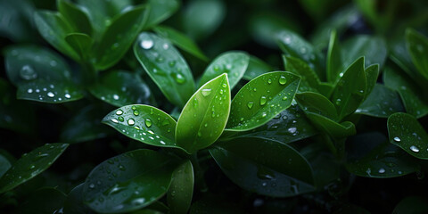 wet green leaf with water drops	
