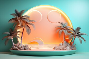 Tropical island stage podium with palm trees and sea paper cut art background.