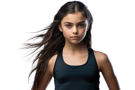 A young girl with long hair wearing a black tank top. This image can be used for various purposes.