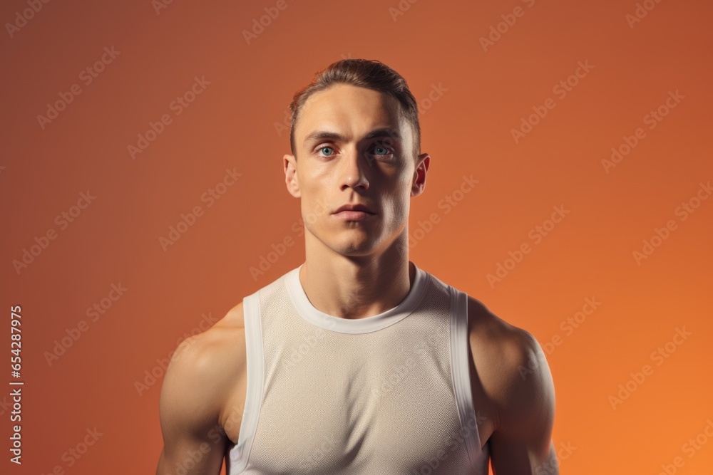 Poster a man confidently poses for a picture while wearing a tank top. this versatile image can be used for