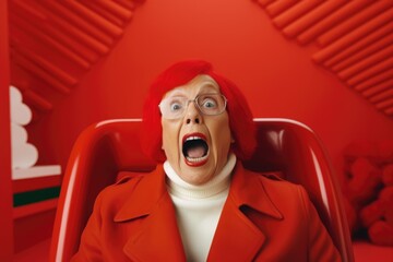 A woman with red hair and glasses sitting in a red chair. This image can be used to depict relaxation, comfort, or a cozy reading nook. - Powered by Adobe