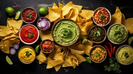 mexican, food, salsa, dip, sauce, background, cheese, avocado, guacamole, nachos, above, latin, chili, tomato, ethnic, green, cuisine, eating, traditional, vegetable, corn, garlic, dinner, meal, snack - obrazy, fototapety, plakaty