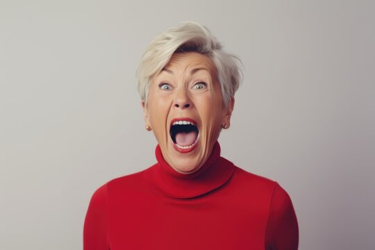 A woman wearing a red turtle neck shirt is making a funny face. This picture can be used to add humor and entertainment to various projects.