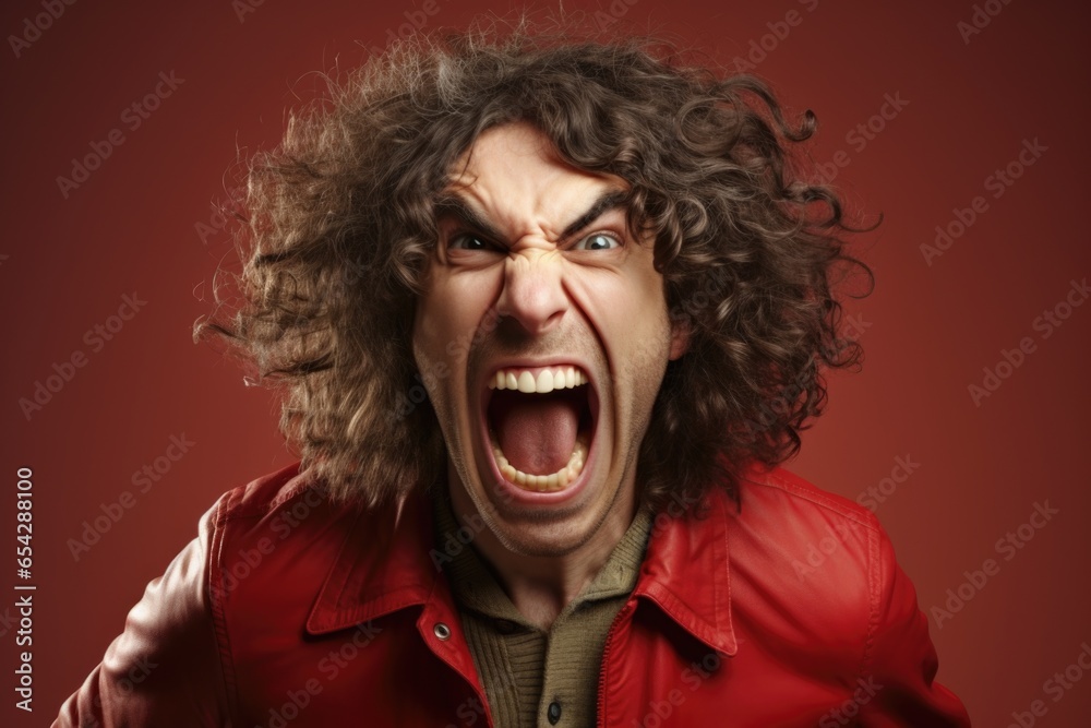 Poster a picture of a man with long curly hair wearing a red jacket. this image can be used to depict a tre