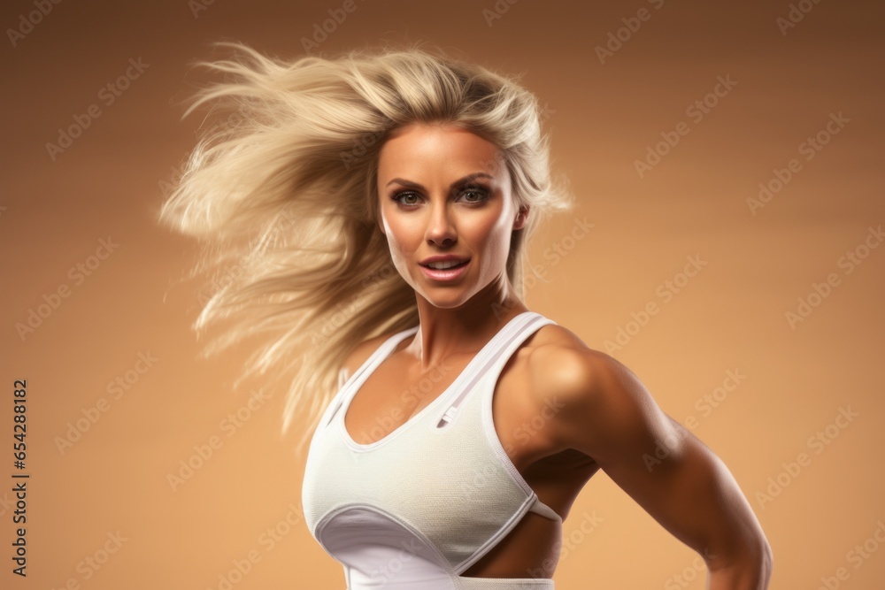 Poster a woman wearing a white top strikes a pose for a photo. this versatile image can be used in various 