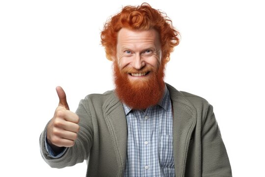 A man with a red beard showing approval by giving a thumbs up gesture. This image can be used to convey positivity, agreement, or endorsement in various contexts.