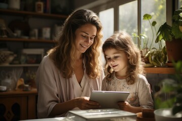 Mother and daughter enjoy playing with a tablet computer in the living room at home. AI generative