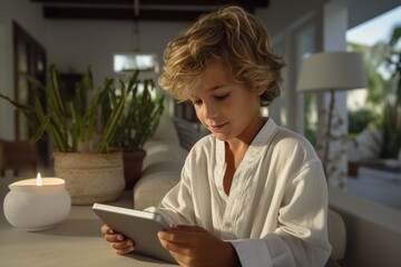 A boy enjoys playing with a tablet computer in the living room at home. AI generator