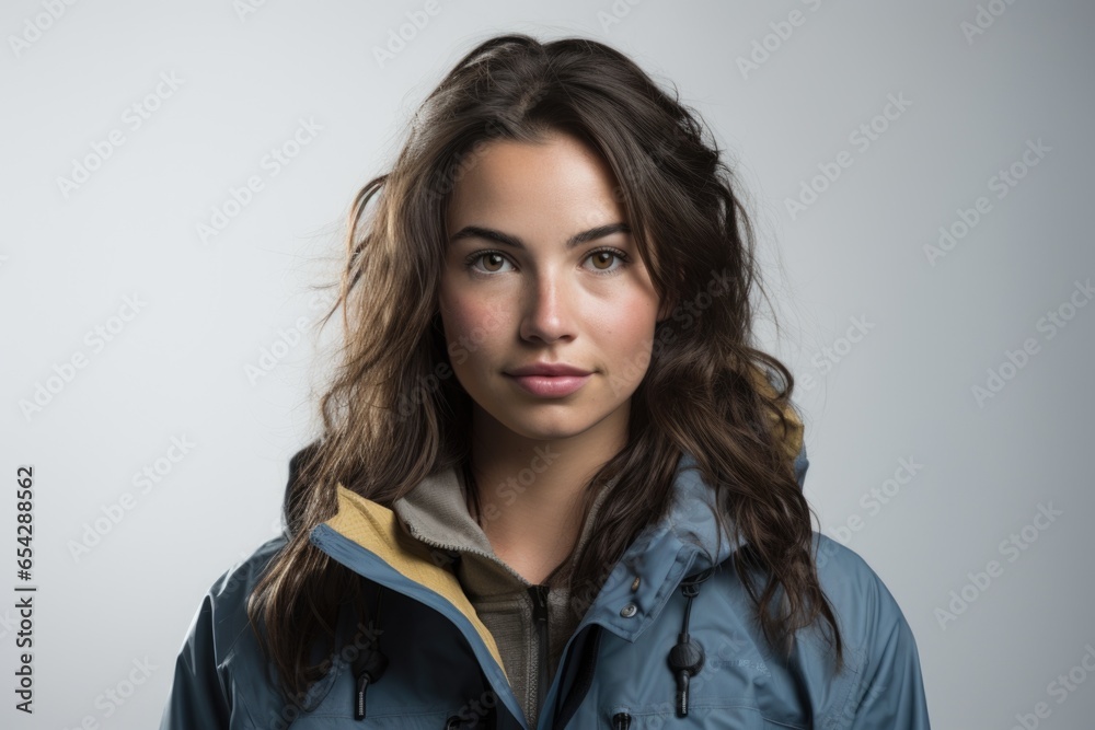 Poster a woman wearing a blue jacket poses for a picture. this versatile image can be used in various conte