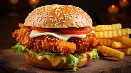 sandwich crispy chicken fried with mozzarella cheese, slice cheese and sauce, curly fries, drink. sesame seed bun on wooden background