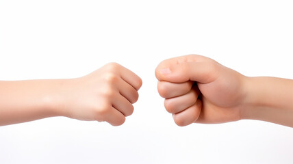Hand of two young boy are banging their fists. Fist bump isolated on white background.