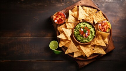 Nachos Mexican corn chips with guacamole, salsa, cheese dip sauce. Vegan healthy nachos snack isolated on white background, top view. Tortilla nacho crisps on wooden board. - obrazy, fototapety, plakaty