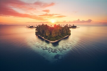 Aerial sunset view of heart-shaped tropical island, depicting travel, love, valentines, honeymoon. Generative AI