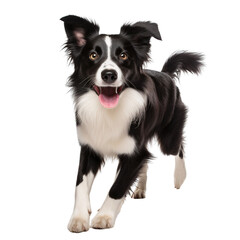 Happy border collie puppy running and looking at camera isolated on white background