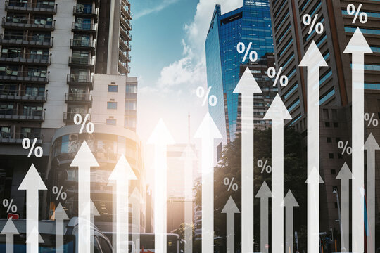 Chart, finance and overlay on buildings, increase and inflation with cost of living crisis with stats, numbers or traffic. Graph, arrow and percentage for economy data, growth or gdp in Cape Town cbd