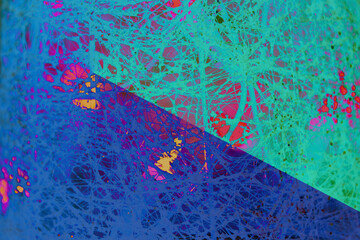 Abstraktes Design Gestrüpp Geflecht Geometrische Figuren, Linie, geteilt,  mit Farbverlauf Strahlen bearbeitet blau, grün, pink,  mit Struktur, für Hintergrund, Web Banner, .jpg