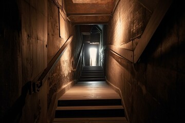 A dim passageway with stairway ascending towards the brightness beyond. Generative AI
