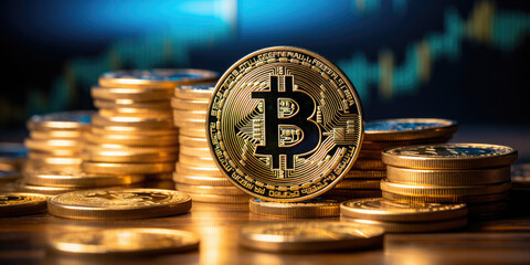 Bitcoin Cryptocurrency coins with price Rise and fall chart. Electronic money.Trading on the cryptocurrency exchange.Digital market. Banner