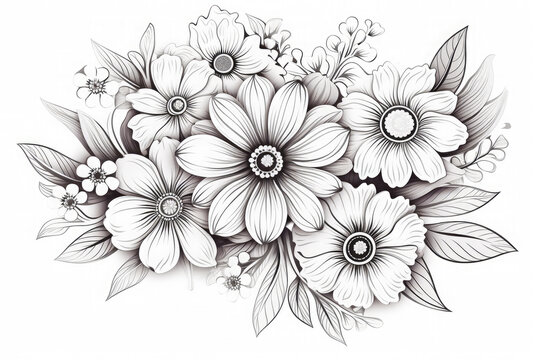 Abstract black and white drawing coloring of beautiful flowers.