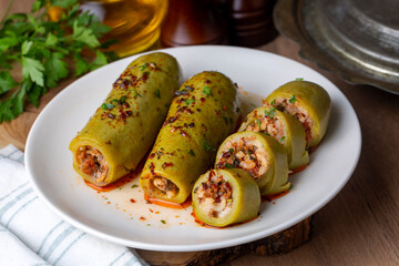 Stuffed zucchini with meat from traditional Turkish cuisine. Turkish name; etli kabak dolmasi