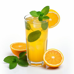 Glass of orange juice with mint and orange isolated on white, ai technology