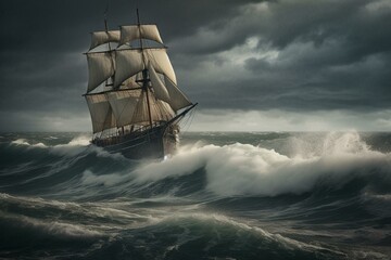stormy sailing ship tossed by waves. Generative AI - obrazy, fototapety, plakaty