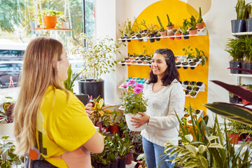 portrait saleswoman and customer choosing buying indoor plants in plant store