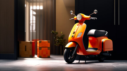 Modern yellow scooter with boxes on the floor. 